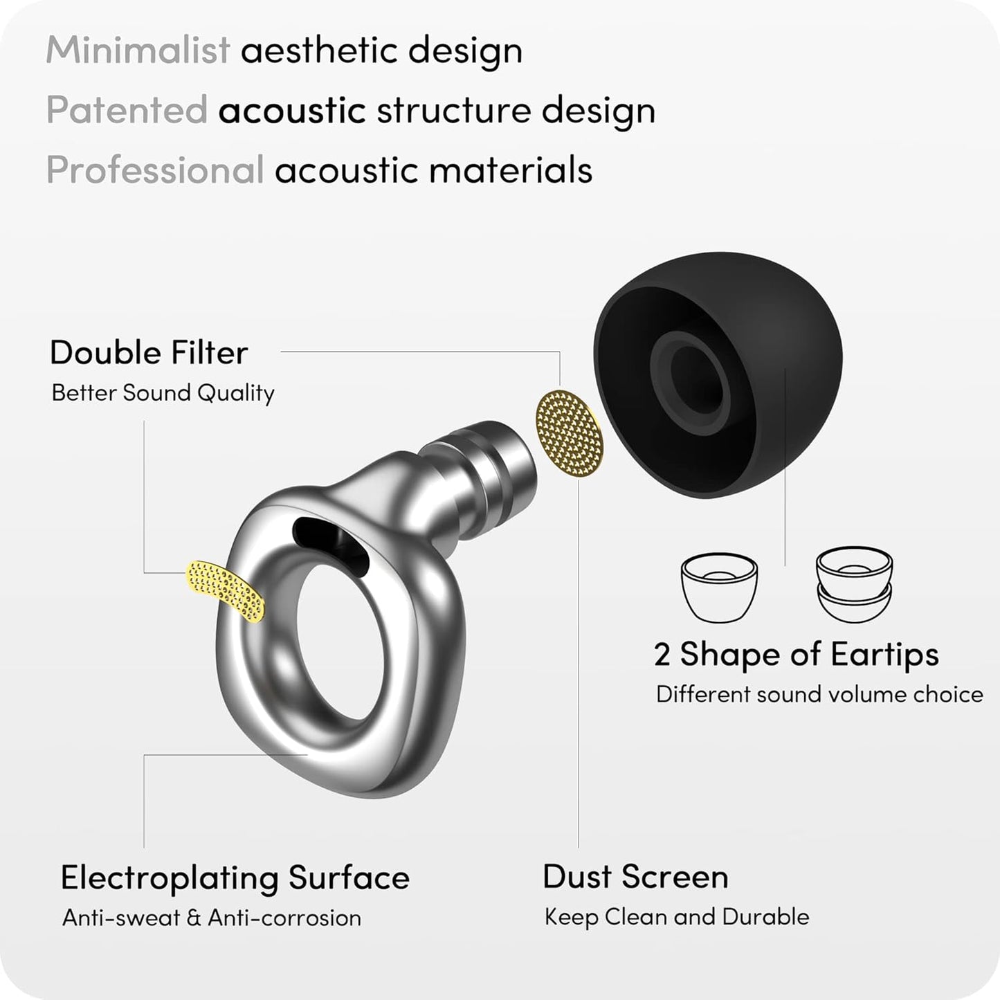 Audree Style Ear Plugs for Noise Reduction, Reusable High Fidelity Earplugs for Concerts, Musicians, Motorcycles, Study, Parent, Party, Flights & Noise Sensitivity, 18-29dB Noise Cancelling (Silver)