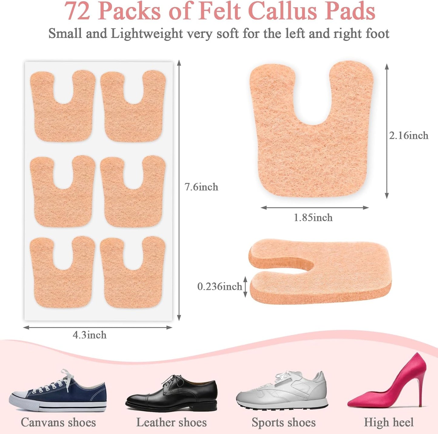 Jollidecor Callus Cushions U Shaped Felt Callus Pads Self Adhesive Foot Pads, 72Pcs Keep Calluses from Rubbing on Shoes Adhesive Pads for Men and Women, Brown