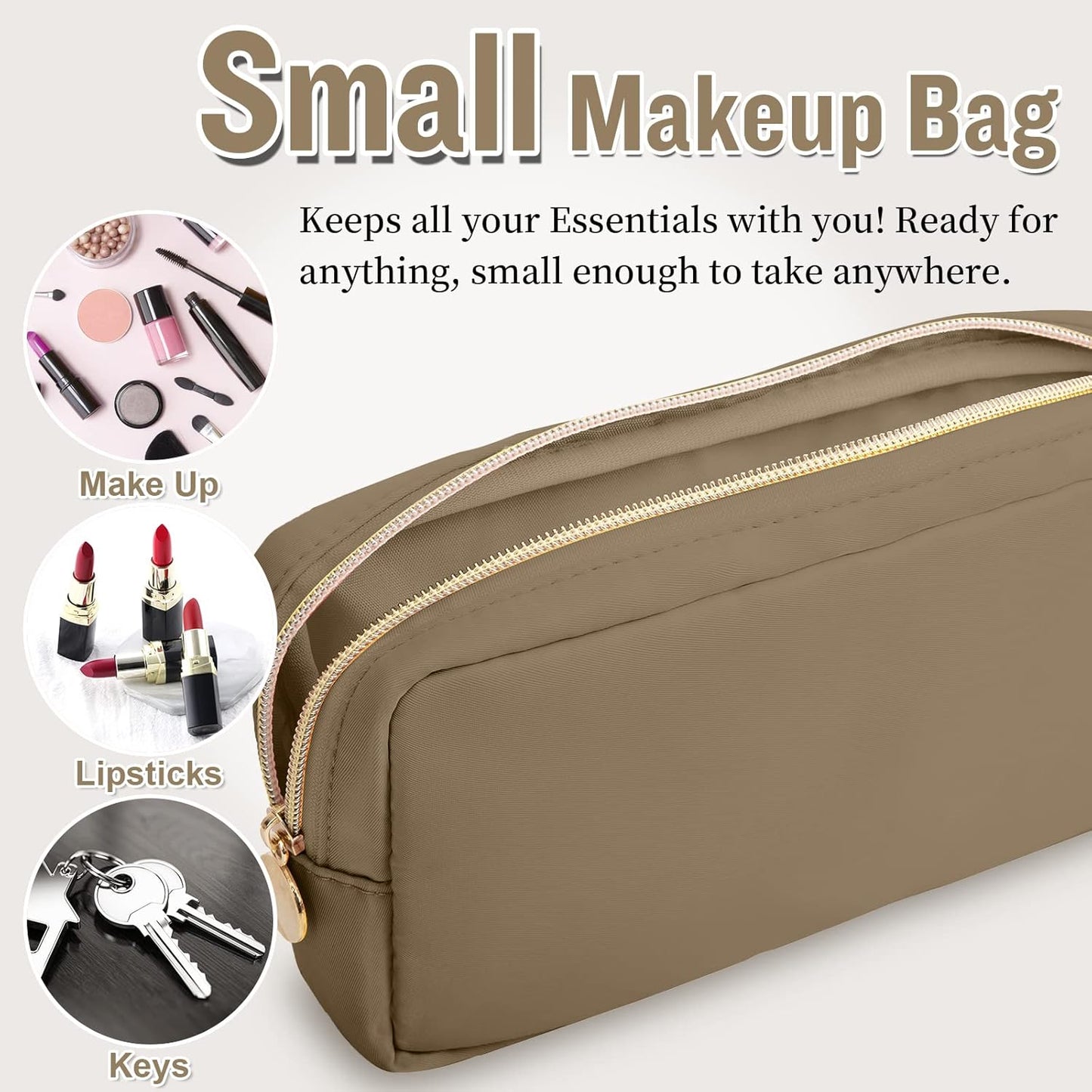 Nylon Small Makeup Bag for Purse, Preppy Cute Makeup Bag Cosmetic Zipper Pouch Purse, Waterproof Portable Travel Toiletry Bag Clutch Make Up Brush Bag Organizer Storage for Women Men Girls(Khaki)