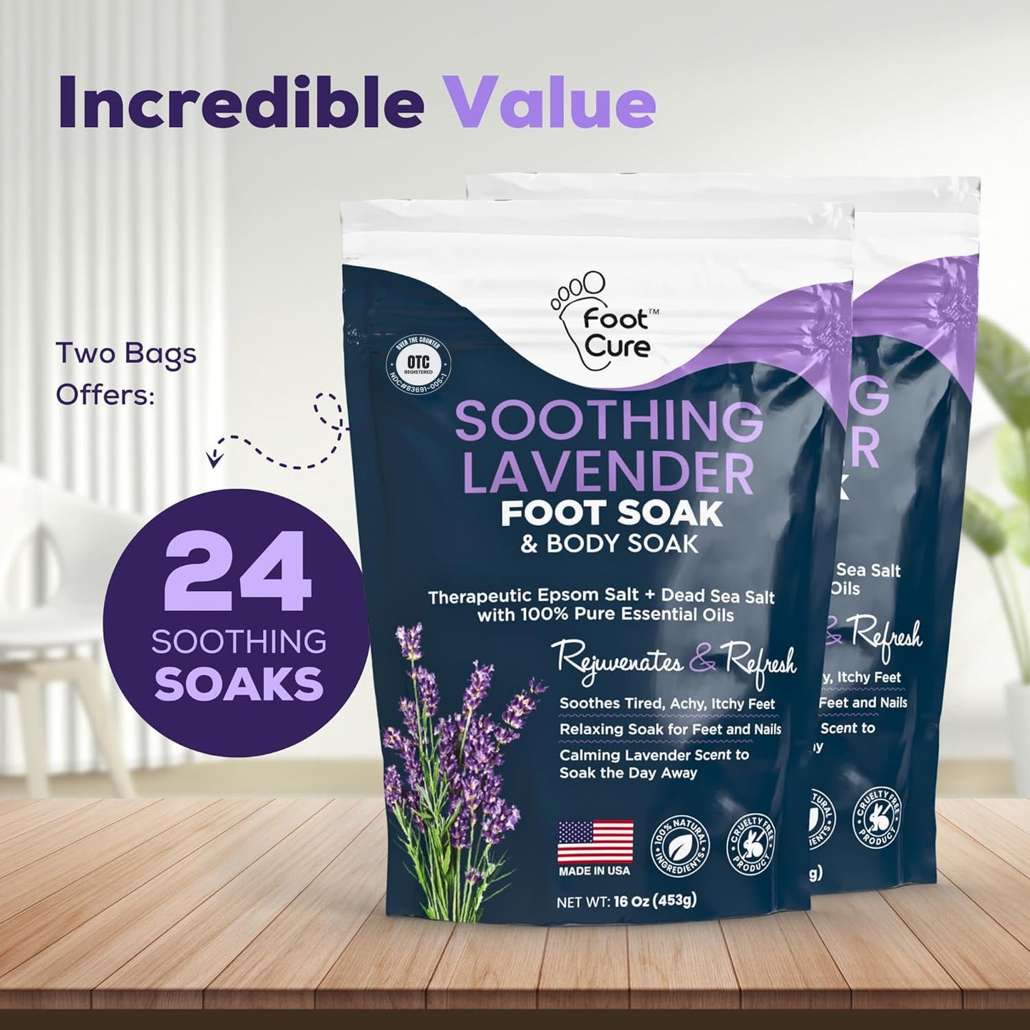 FOOT CURE Soothing Lavender Foot Soak - Pedicure Foot Spa with Epson Salts for Soaking Feet - Foot Massager Spa - Foot Scrubber Dead Skin Remover - Epsom Salt Bath Soak (Pack of 2)