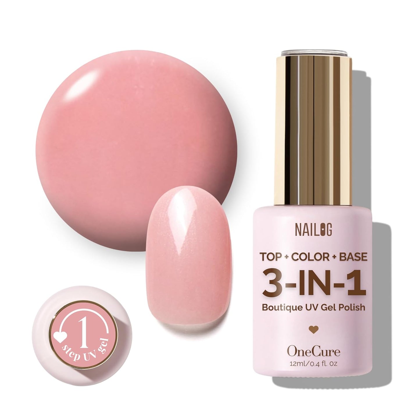 NAILOG One Step Nude Gel Nail Polish 12ml Top Coat Color Gel Base 3-In-1 Formula Soak Off UV Natural Gel Polish for Home DIY & Gifting | Pale Pink