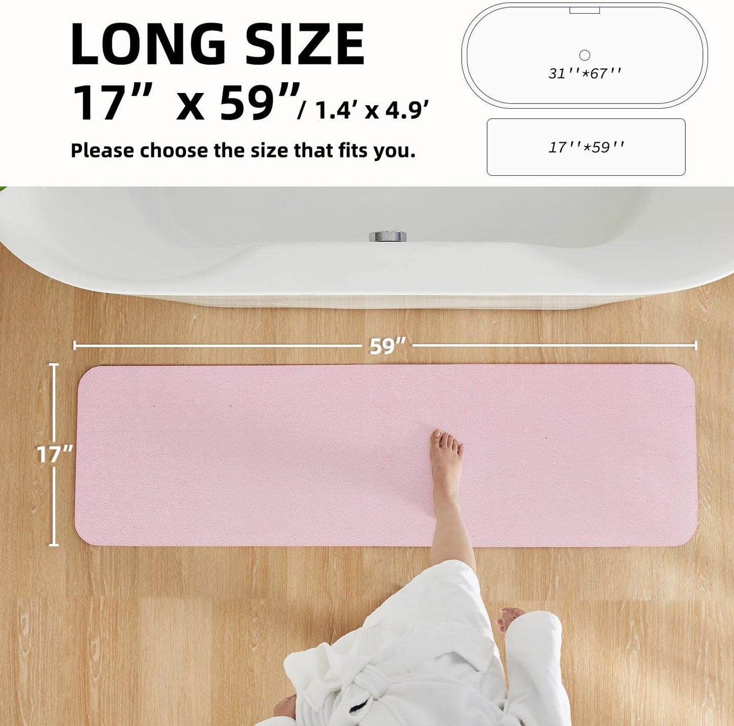 Pink Bath Mat, Bathroom Rugs Non Slip Washable Thin Absorbent Quick Dry Bath Mat Fits Under Door Bathroom Floor Mat Perfect for Bath, Shower, or Sink 17"x59" Pink