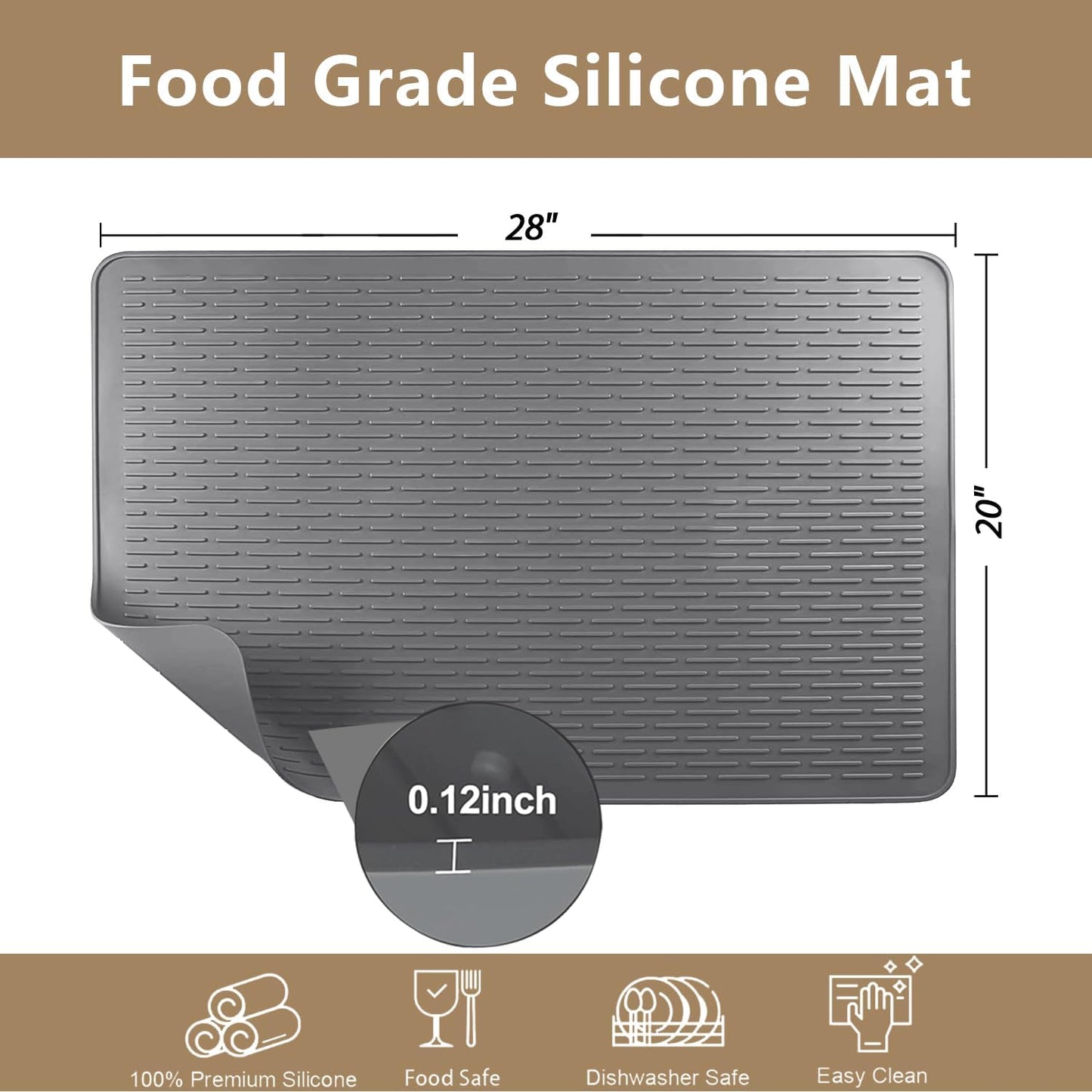 Golener Silicone Large Dish Drying Mat - 28" x 20" Stove Top Protector for Electric Stove, Food Grade, Foldable, Easy Clean, Heat-resistant Silicone Mat for Glass Stove Cooktop, Stove Top Cover, Grey