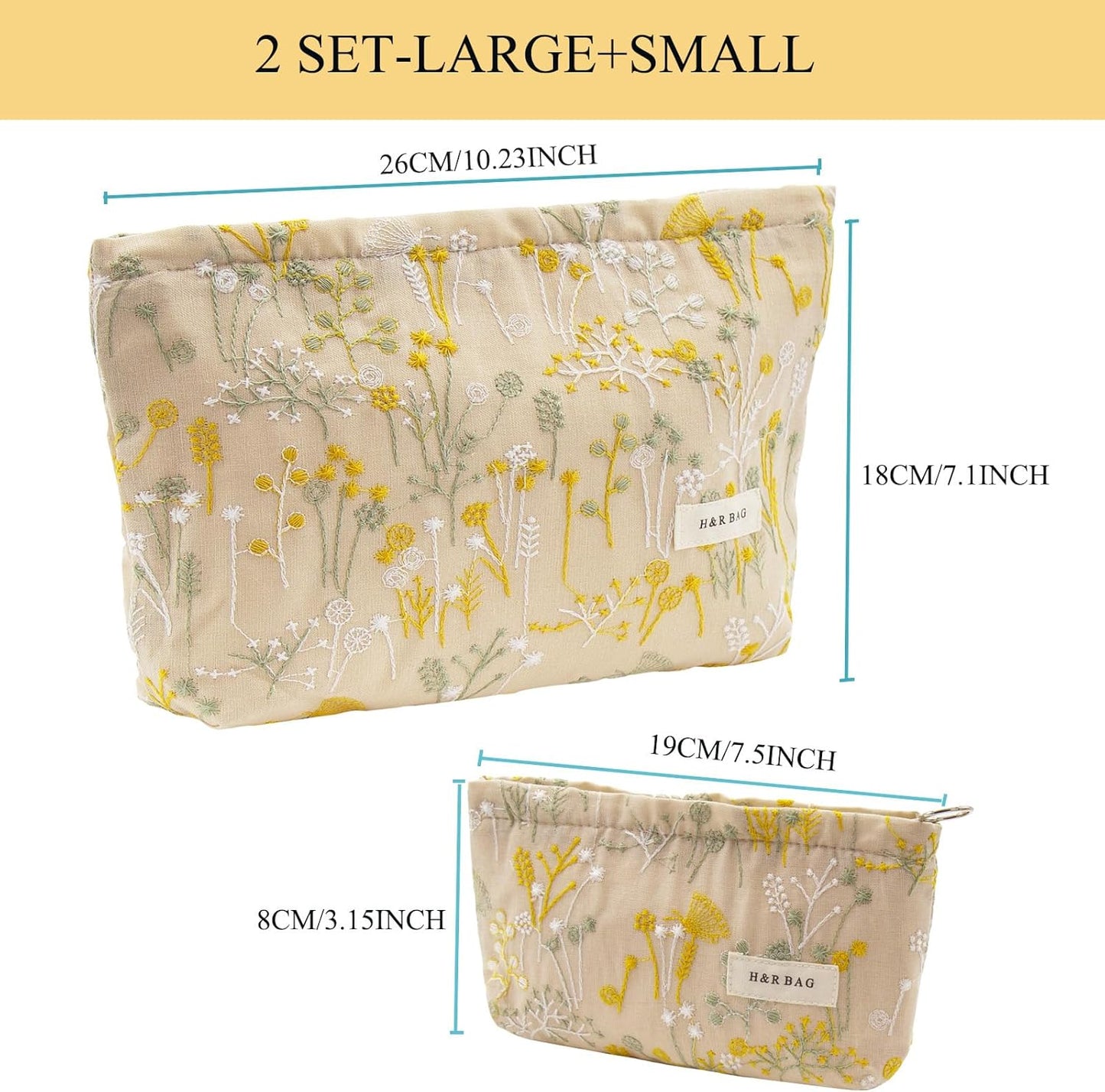 2 Pcs Makeup Bags, Large Cosmetic Bag Travel Toiletry Bag Organizer for Women, Embroidery Craft, Floral Makeup Bag Small Cosmetic Pouch Purse with Zipper Gifts for Girls Teen