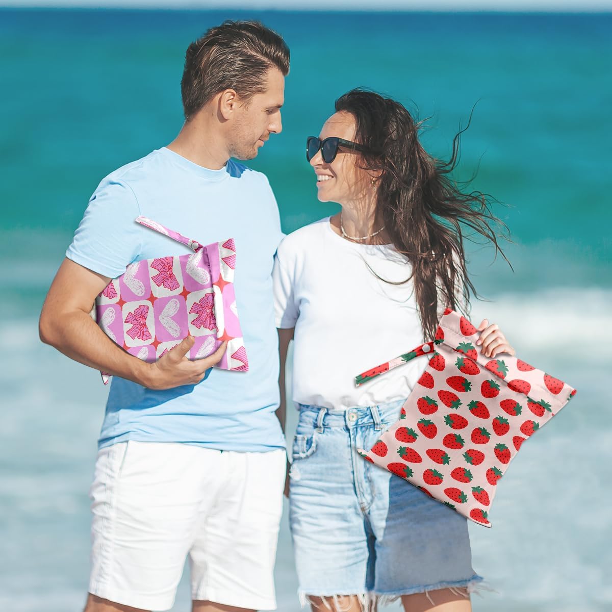 2Pcs Wet Bags, Wet Dry Bag Reusable for Swimsuit, Travel, Diapers, Beach, Dirty Yoga Gym Clothes, Toiletries, Makeup Bag, Waterproof Pink Bow Strawberry Print Birthday Christmas Gifts