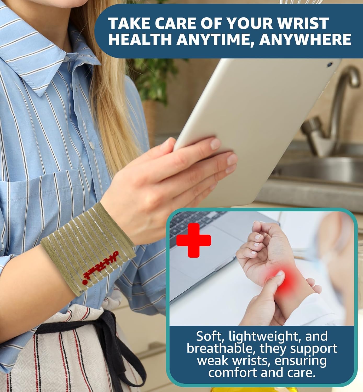 HiRui 2-Pack High-Elastic Wrist Support Straps Wrist Compression Bandage - Wrist Wraps Wristbands for Carpal Tunnel Arthritis Tendonitis Weightlifting Tennis Basketball - Breathable Soft (Beige)