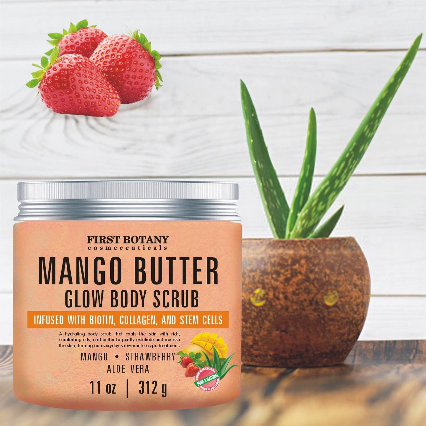 Mango Butter Body Scrub Exfoliator Biotin, Collagen, Stem Cells - Natural Exfoliating Salt Scrub & Body and Face Souffle helps with Moisturizing Skin, Acne, Cellulite, Dead Skin Scars, Wrinkles- 11 oz