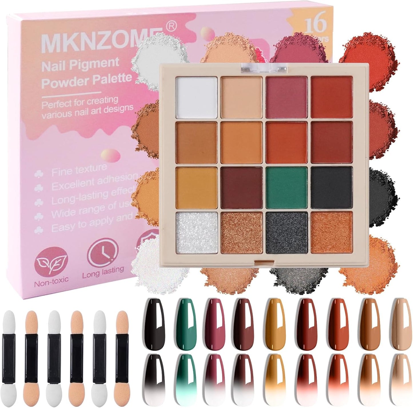 Nail Pigment Powder Palette, 16 Colors Orange Brown Fall Collection Solid Pigment Powder for Autumn Nails Set Pigmentos para Uñas, Nail Art Palette Manicure DIY Accessories