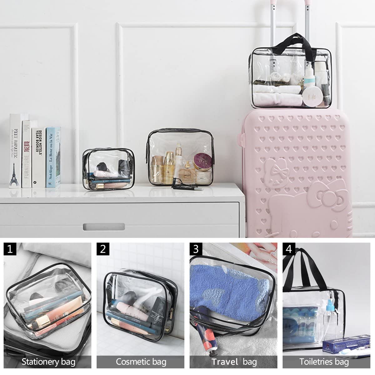4Pcs Crystal Clear PVC Travel Toiletry Bag Kit for Women Men, Waterproof Vinyl Packing Organizer Storage Bags with Zipper Handle Straps, Cosmetic Pouch Carry on Airport Airline Compliant Bag Handbag