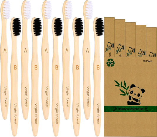 Virgin Forest Bamboo Toothbrushes, Eco Friendly BPA Free Soft Bristles Toothbrush, Biodegradable Natural Wooden Toothbrushes, Vegan Organic Bamboo Charcoal Tooth Brush for Sensitive Gums Set of 10