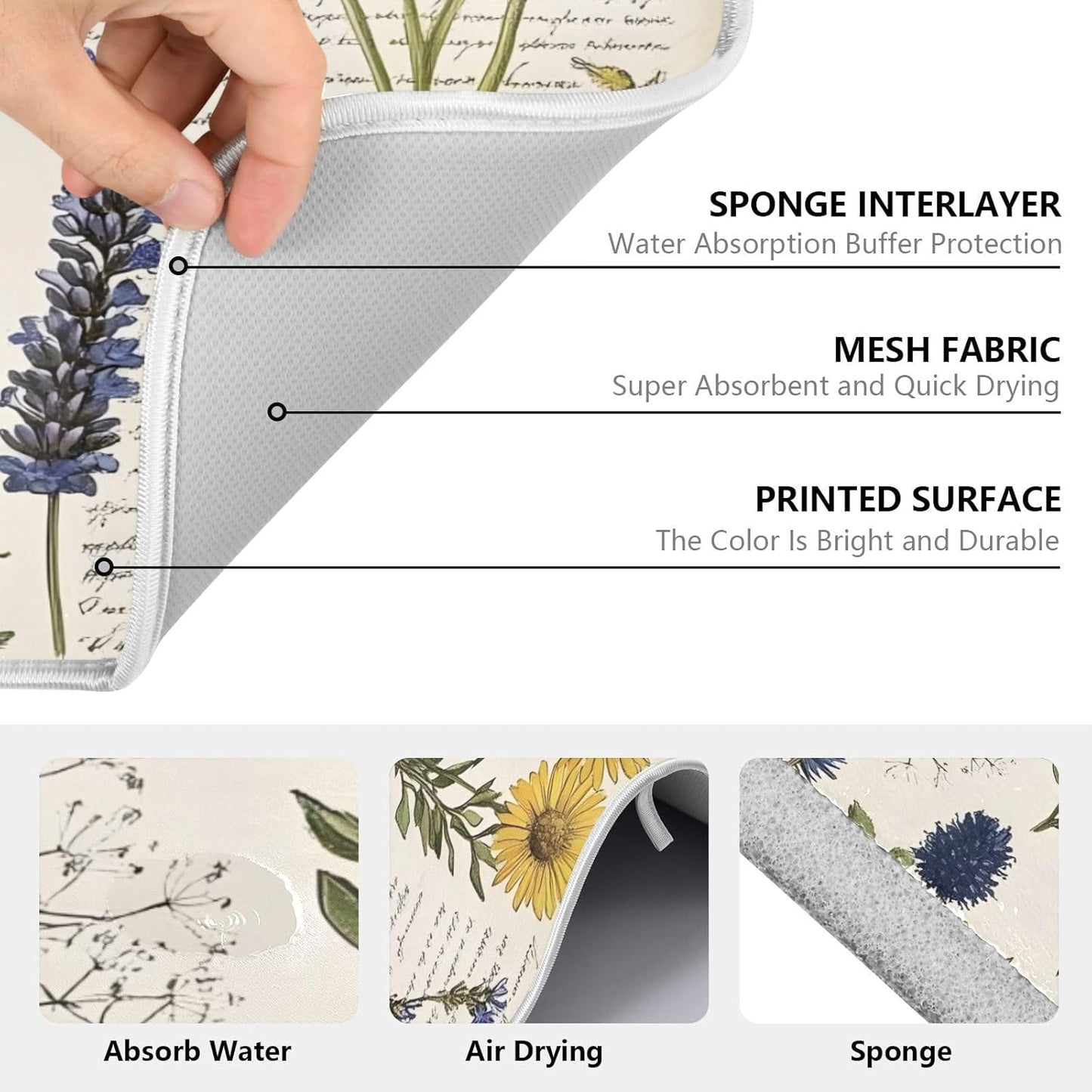 Page Wildflower Vintage Dish Drying Mats for Kitchen Counter, 18x24 inch Drying Dishes Absorbent Microfiber Dish Drainer Mat Rack Pad Fast Dry