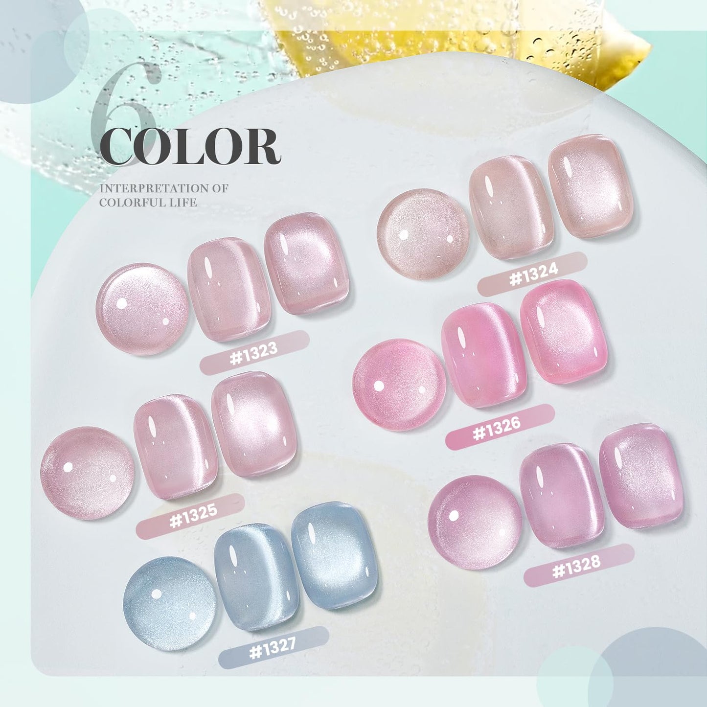RARJSM Glassy Cat Eye Gel Nail Polish Set 6Pcs Nude Rose Purple Pink Blue Velvet Ice Jelly Silver Shimmer Ceramic Bubble Diamond Cateye Gelpolish with Magnetic Stick Curing Require Home Salon