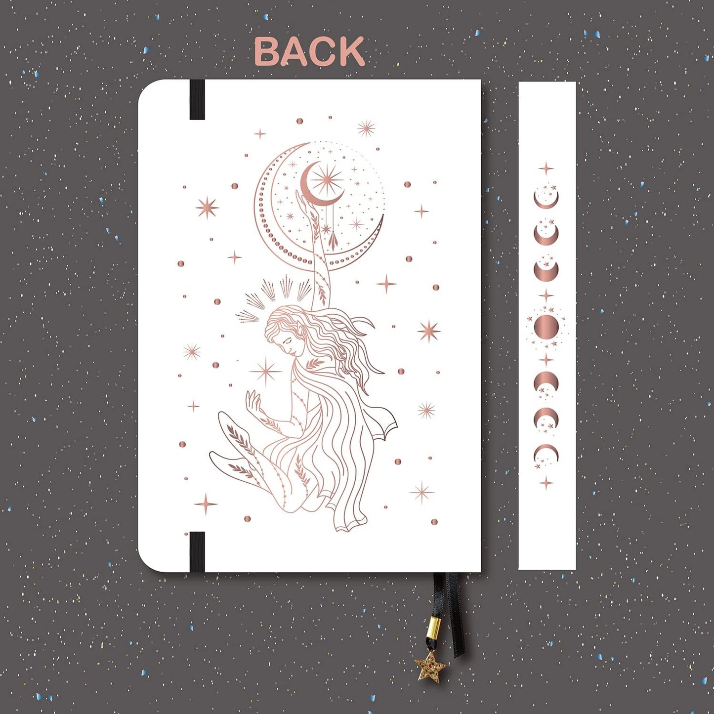 BUKE Medium A5 Hardcover Notebook Dotted Journal - 180Gsm Thick Bamboo Paper - 160 Dot Grid Pages 5x5 MM - White Color Faux PU Leather Cover - Rose Gold Edge And Moons (A5, White)