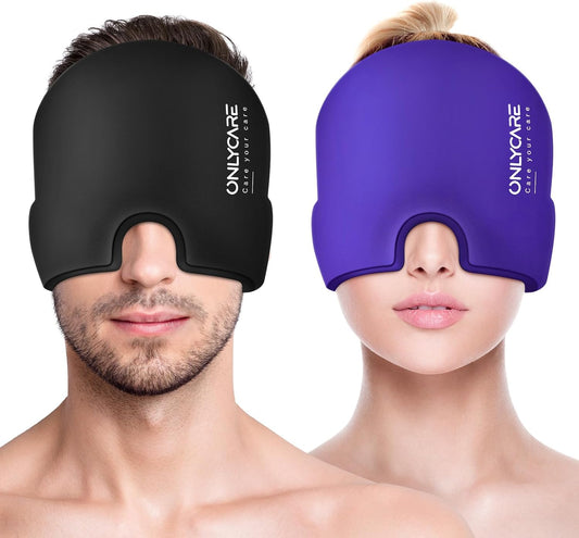 ONLYCARE Migraine Relief Cap,Soothing Migraine Mask,Upgraded Odorless Gel Ice Head Wrap, Hot and Cold Therapy, FSA or HSA Eligible Headache Ice Pack for Tension and Stress(Black & Purple)