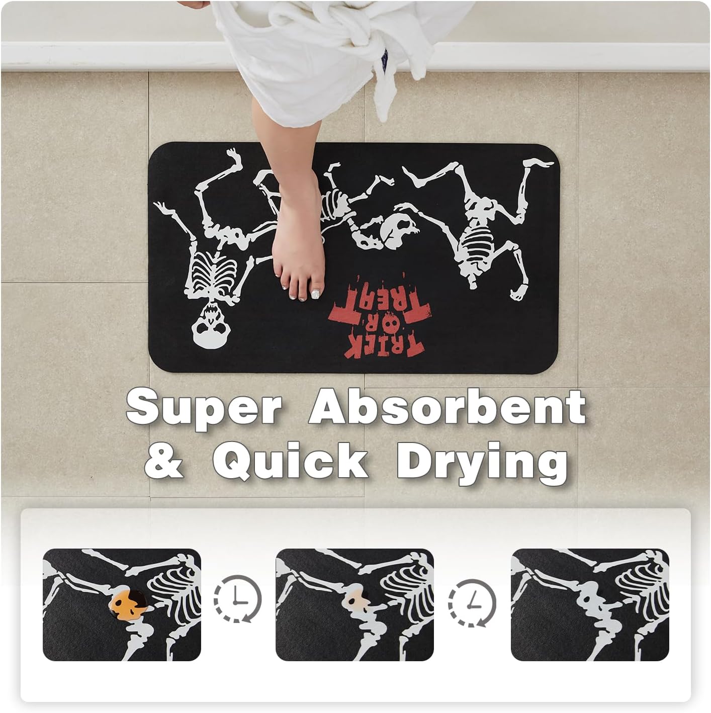 Halloween Bath Mat, Thin Halloween Bathroom Rug Non Slip Quick Dry Skeleton Bath Mat Fits Under Door Thin Floor Mat Halloween Decor, 17''x30'', Skull Treat or Trick Black