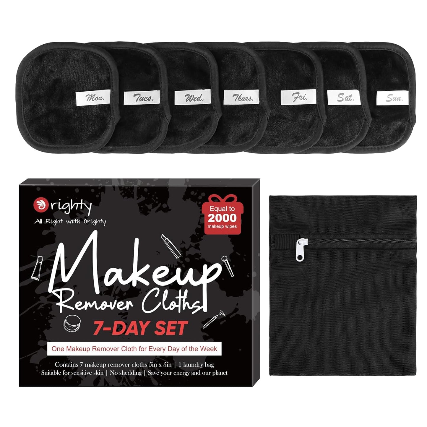 Orighty Makeup Remover Cloths 7-Day Set, Premium & Reusable Makeup Remover Pads, Erase Make-up With Just Water, Make-up Set For Eyes, Lips, Foundation and more, Ideal Choice For Women (Black)