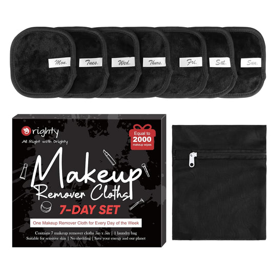 Orighty Makeup Remover Cloths 7-Day Set, Premium & Reusable Makeup Remover Pads, Erase Make-up With Just Water, Make-up Set For Eyes, Lips, Foundation and more, Ideal Choice For Women (Black)