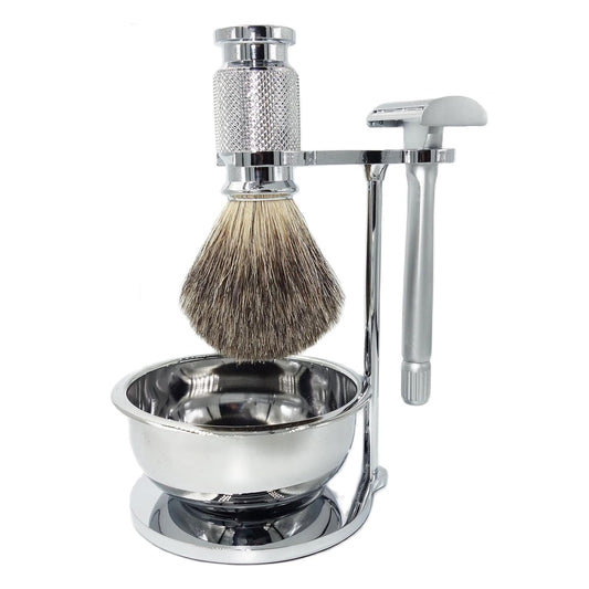 Men's Shave Kit,New Butterfly Open Design Double Edge Safety Razor,10 Razor Blade Refills,Soft Pure Badger Hair Brush,Shaving Stand and Lather Bowl,UniqueGift for Father Husband Boyfriend