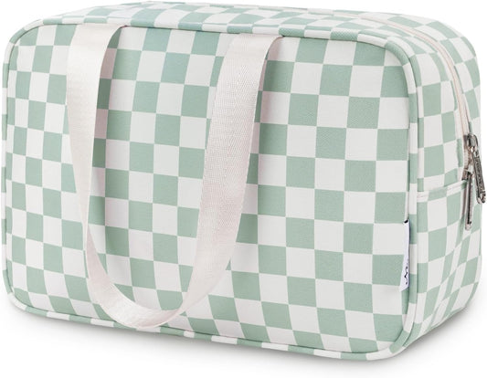 Narwey Large Checkered Travel Toiletry Bag Women Toiletries Bag Skincare Bag Makeup Bag with Handle Make up bag Organizer Cosmetic Bag Medicine Bag for Girls (Mint Green Checkerboard, Large)