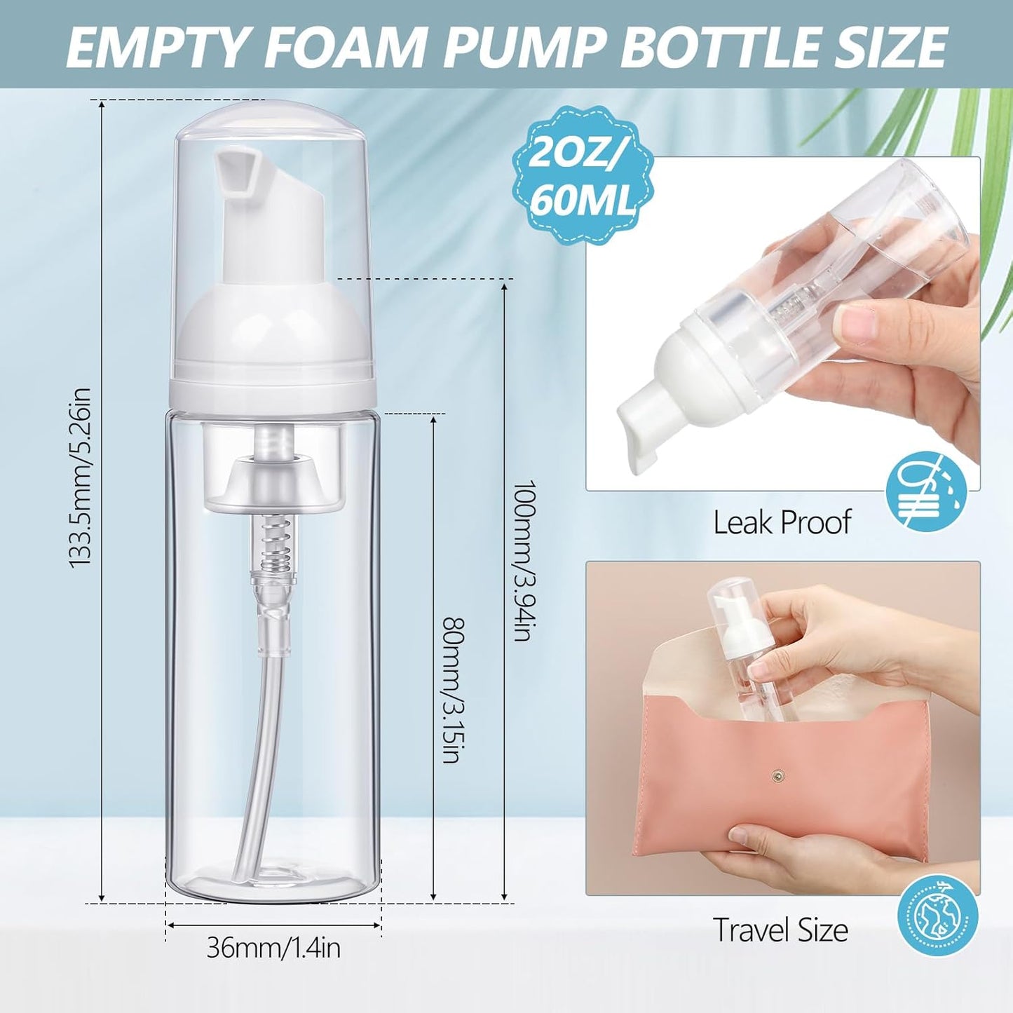 Dandat 120 Pcs 2 oz Plastic Foam Soap Dispensers Bulk Refillable Foaming Pump Bottle Empty Mini Shampoo Lash Cleaning Bottles for Travel Cosmetics Hand Soap(Clear)