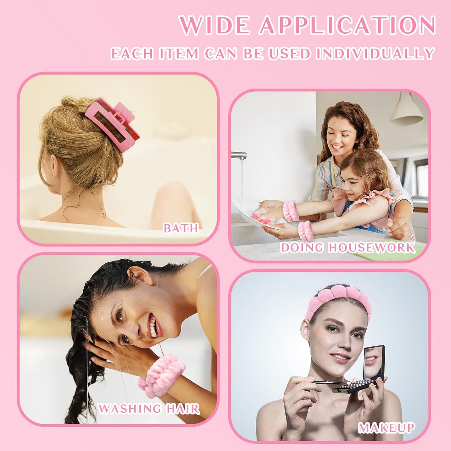 Wecoe Spa Headband And Wristband Set Skincare Headband For Washing Face Hair Claw Clips For Thick Hair Cute Pink Puffy Sponge Makeup Bubble Head Band Wrist Towels Scrunchies For Women Girls