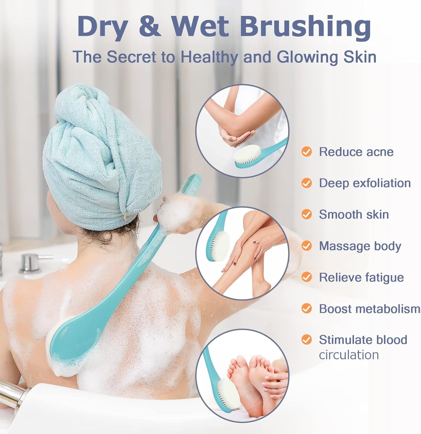 Body Back Scrubber – 17'' Long Handle Shower Brush, Durable Exfoliator for Dry & Wet Use, Deep Cleansing & Gentle Exfoliation for Smooth Skin – for Men, Women & Elderly (Gray)