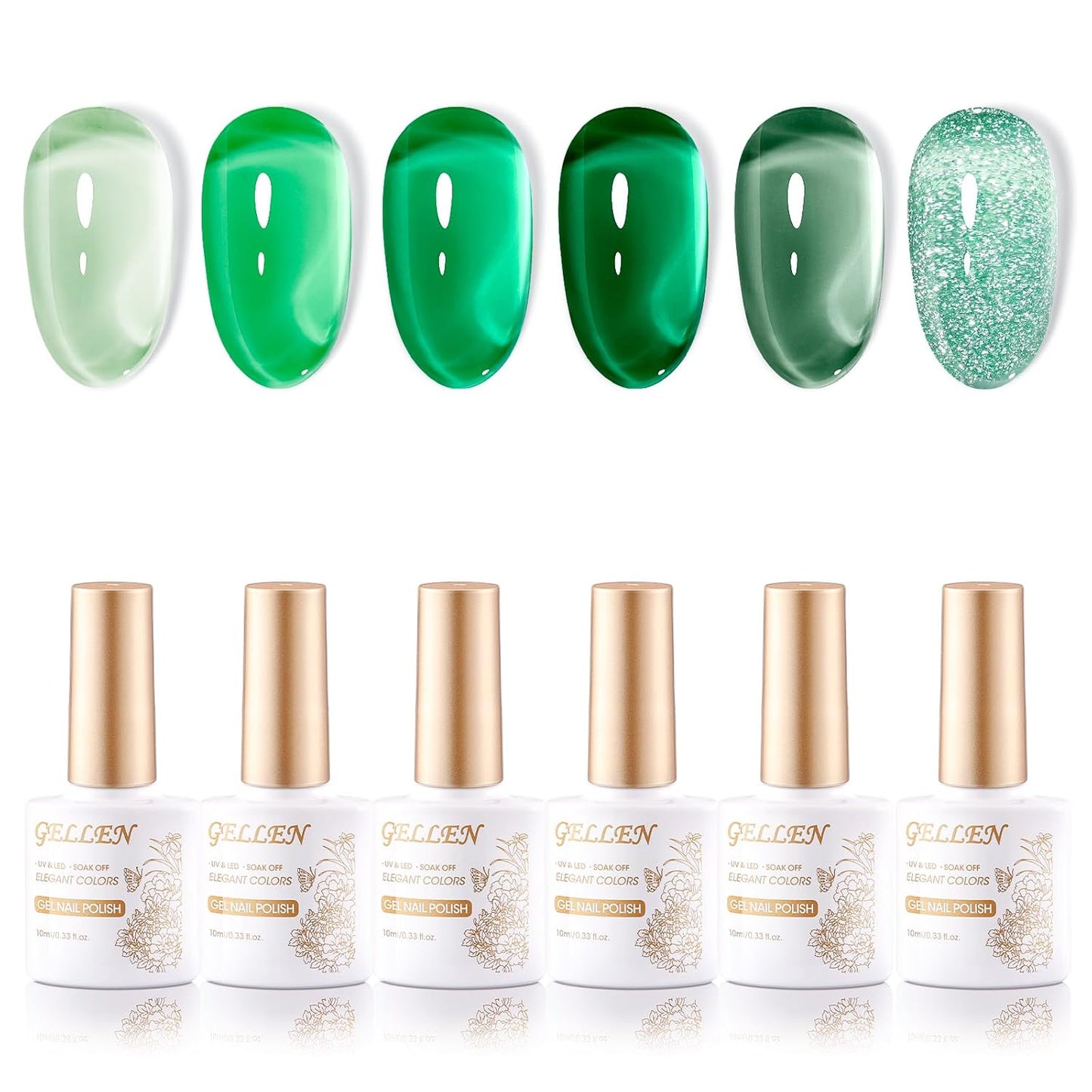 GELLEN Green Jelly Gel Nail Polish, Sheer Glass Jade Emerald Glass Ice UV Light Gel Polish, Transparent, No Wipe, Soak Off, Long Lasting Glossy, 6 Colors for Women Girls Manicure Salon Home