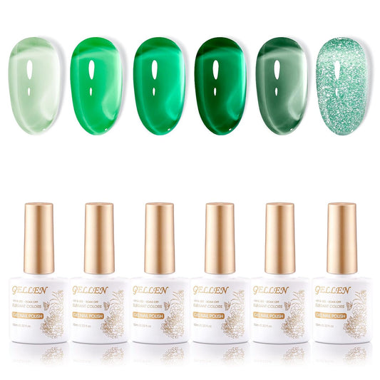 GELLEN Green Jelly Gel Nail Polish, Sheer Glass Jade Emerald Glass Ice UV Light Gel Polish, Transparent, No Wipe, Soak Off, Long Lasting Glossy, 6 Colors for Women Girls Manicure Salon Home