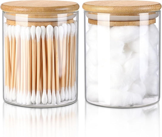 Qtip Holder Dispenser with Bamboo Lid, Glass 2 Pack Apothecary Jars with Lids, Cotton&Swab Apothecary Jars, Qtip Holder Bathroom Set for Countertop Bathroom Essentials Accessories Decor