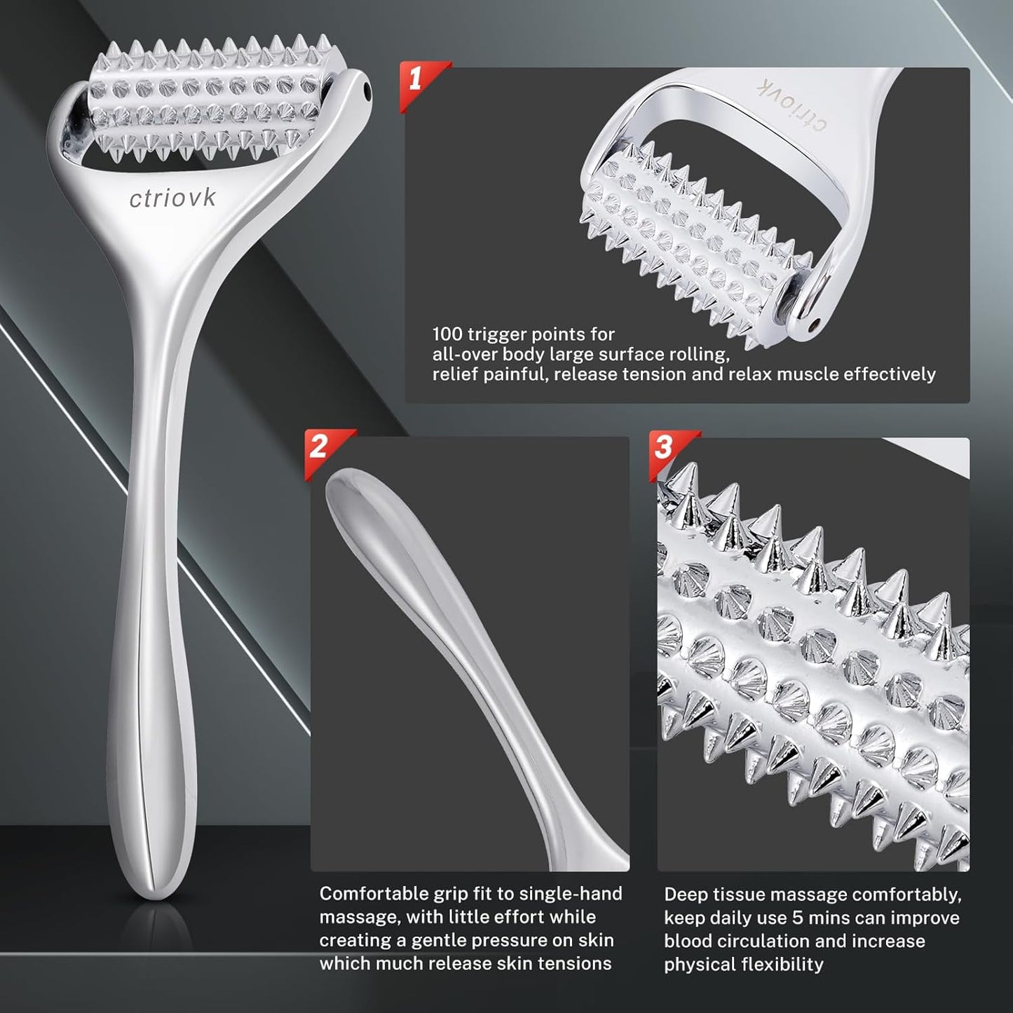 Acupuncture Massage Roller, Stainless Steel, Portable Manual Roller for Whole Body Pain Relief, Puffiness Reduce and Muscle Relaxation Massage, Silver