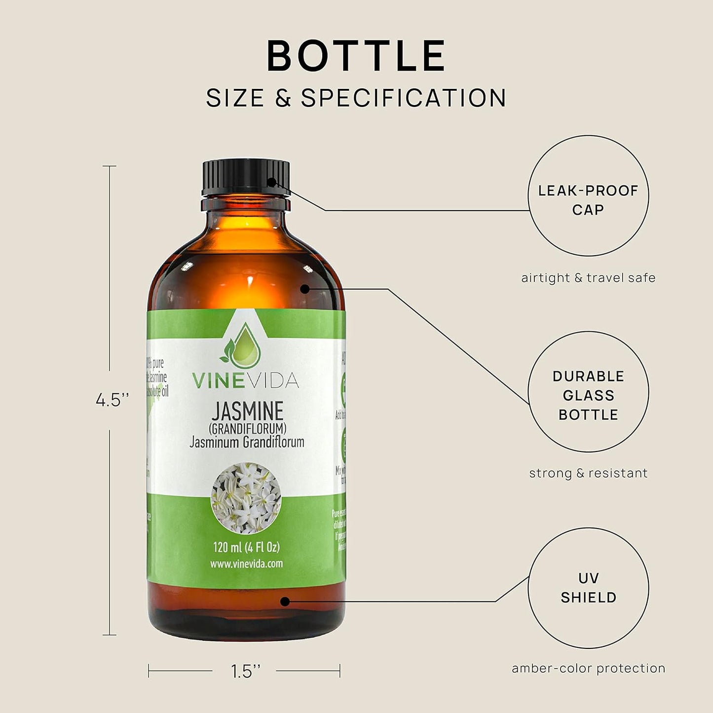 VINEVIDA Jasmine Essential Oil 4 oz - Undiluted Candle Scent DIY Scents for Candlemaking Bulk Soap Making Safe Skin, 7.18 Ounces, 120.0 milliliters, 4.0 Fl Oz, 1