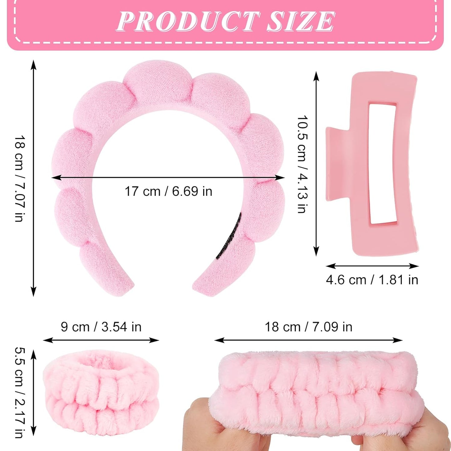 Wecoe Spa Headband And Wristband Set Skincare Headband For Washing Face Hair Claw Clips For Thick Hair Cute Pink Puffy Sponge Makeup Bubble Head Band Wrist Towels Scrunchies For Women Girls