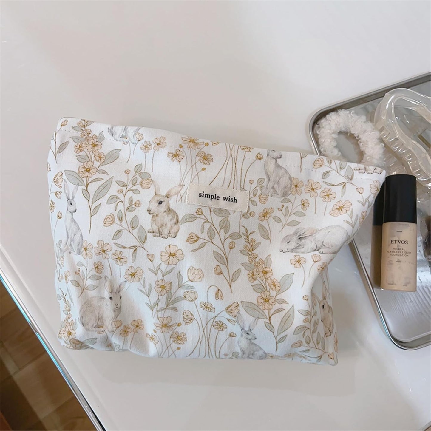 Wudygirl Cute Rabbit Cosmetic Bag - Travel Toiletry Bag & Makeup Pouch for Women & Girls - Large Capacity Canvas Organizer with Zipper Pencil Pouch