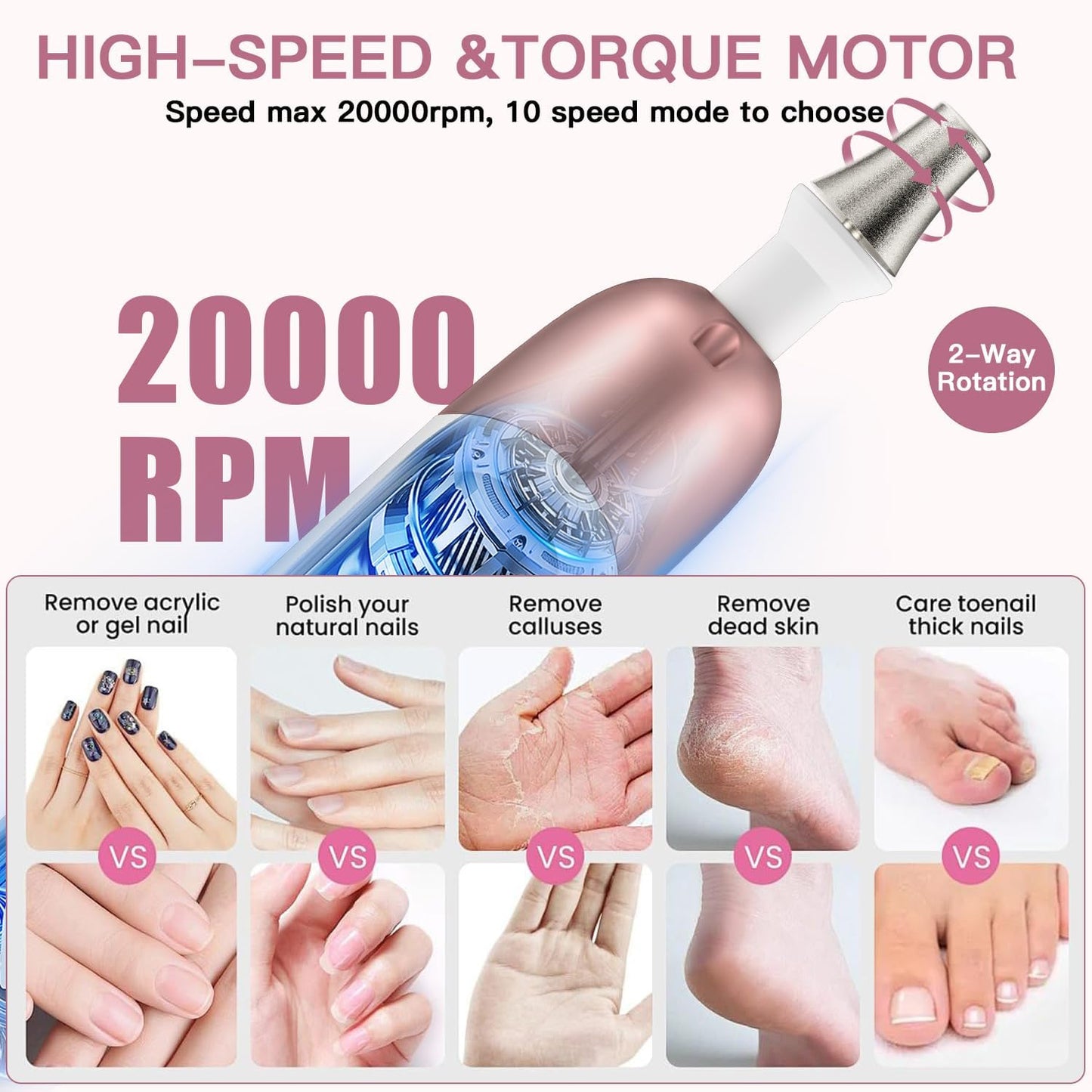 Electric Nail File Set, 9 in 1 Professional Manicure and Pedicure Kit, Cordless Nail Drill for Feet, LCD Display 10 Speeds Electric Nail Drill Machine, Hand Foot Care Tool