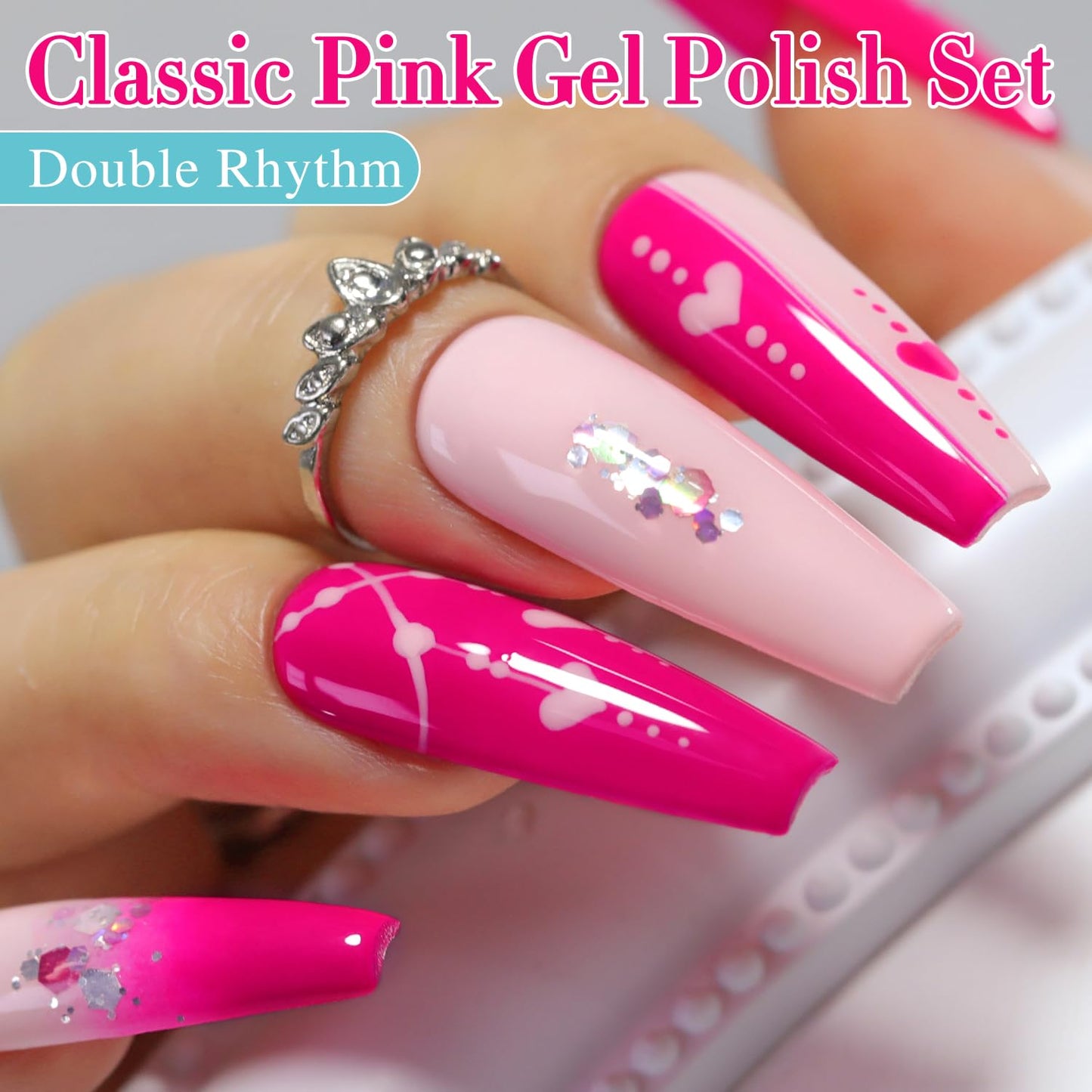 Double Rhythm Gel Polish Set of 6 Colors Baby Light Pastel Milky Gel Polish Starter Kit Art DIY Salon Home (Neon Bright Glitter Pink,Kit 16)