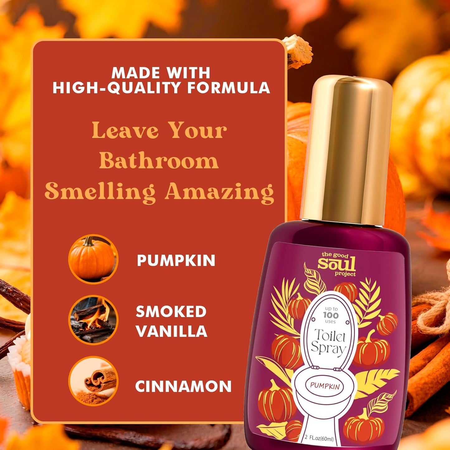 Toilet Spray, Pumpkin Scent, Travel Essentials, 4 Fl.Oz, Up to 200 Uses, Bathroom Odor Eliminator - Pumpkin, Smoked Vanilla & Cinnamon