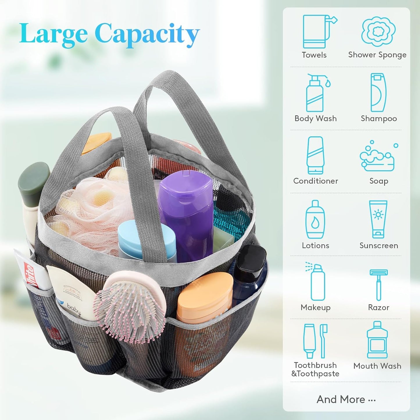 Lifewit Mesh Shower Caddy Freestanding Portable Shower Tote Bag for College Dorm, Bathroom, Gym, Quick Dry Hanging Shower Organizer with 7 Storage Pockets for Toiletry Essentials, Large, Light Gray