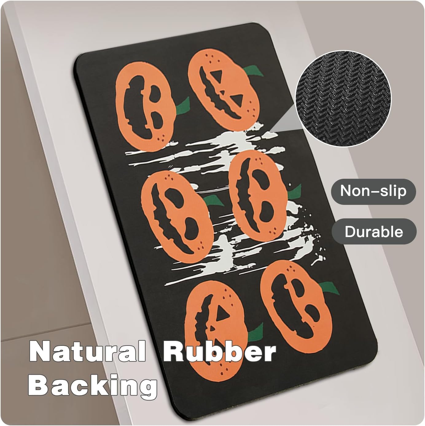 Halloween Bath Mat, Thin Halloween Bathroom Rug Non-Slip Quick Dry Pumpkin Bath Mat Fits Under Door Thin Floor Mat Halloween Decor, 17’’x30‘’, Pumpkins Black