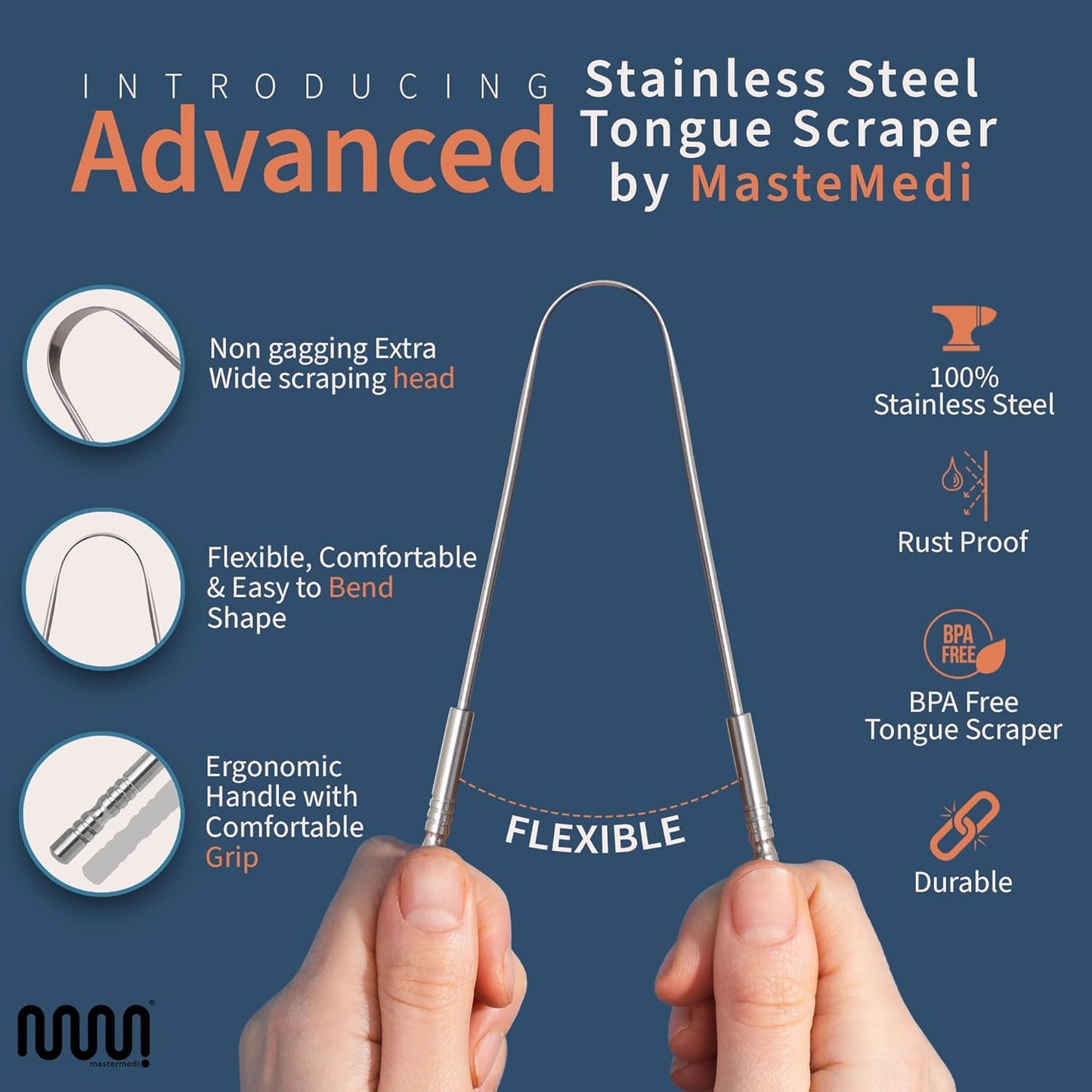 MasterMedi Tongue Scraper for Adults, 100% Stainless Steel Tongue Scrubber for Bad Breath, Easy to Use, Tongue Cleaner for Oral Care & Hygiene (SS Pack of 3)