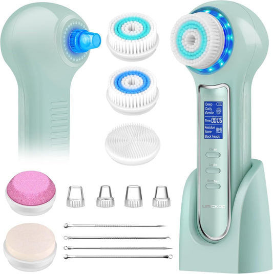 Face Scrubber Exfoliator,Facial Cleansing Brush Waterproof with LCD Screen,Blackhead Remover Vacuum with 5 Brush Heads,Face Spin Brush for Exfoliating (Green)