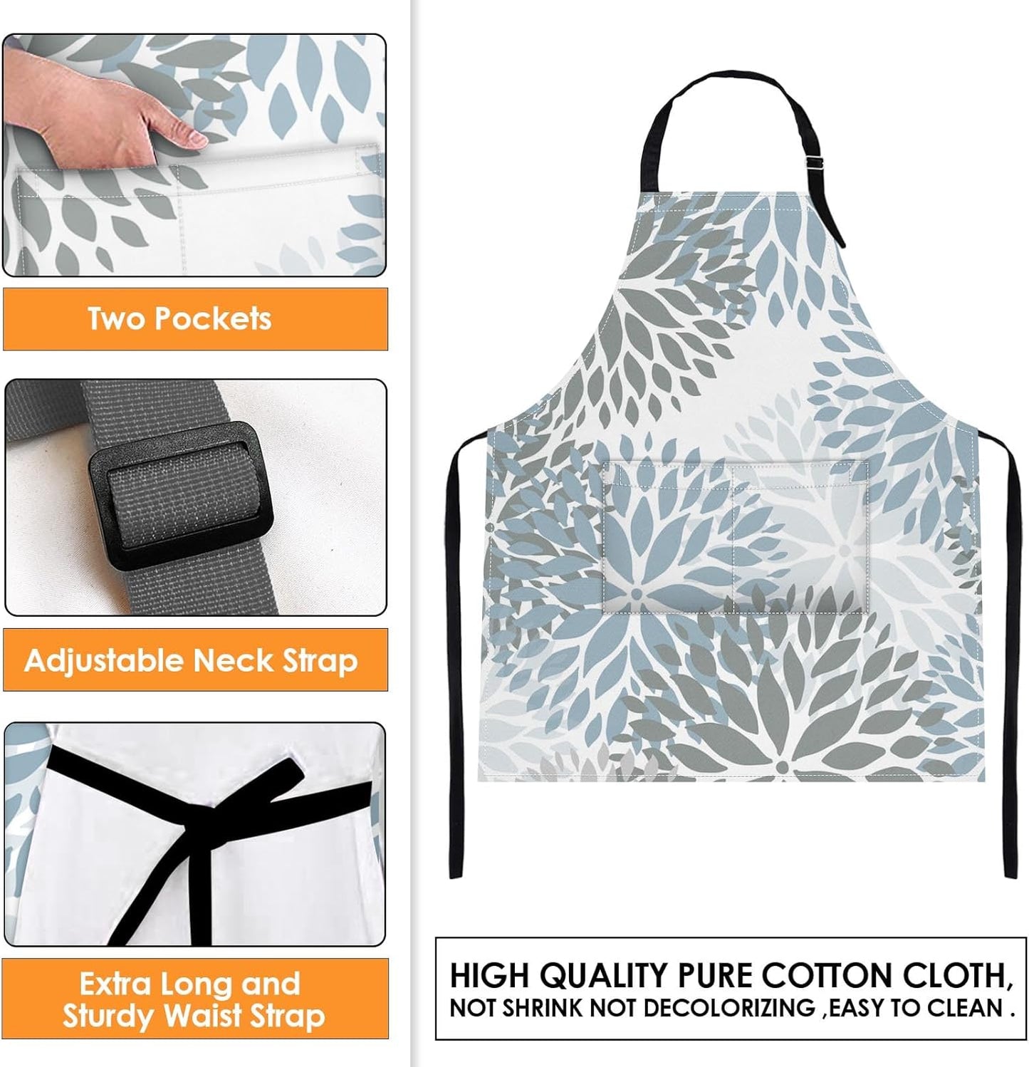 2 Pack Aprons, Powder Blue Dahlia Chevron Adjustable Bib Aprons with 2 Pockets for Women Men Couple Lovers Chef Home Kitchen Cooking Baking Gardening Flower Geometric Plaid Apron 32x28 Inches