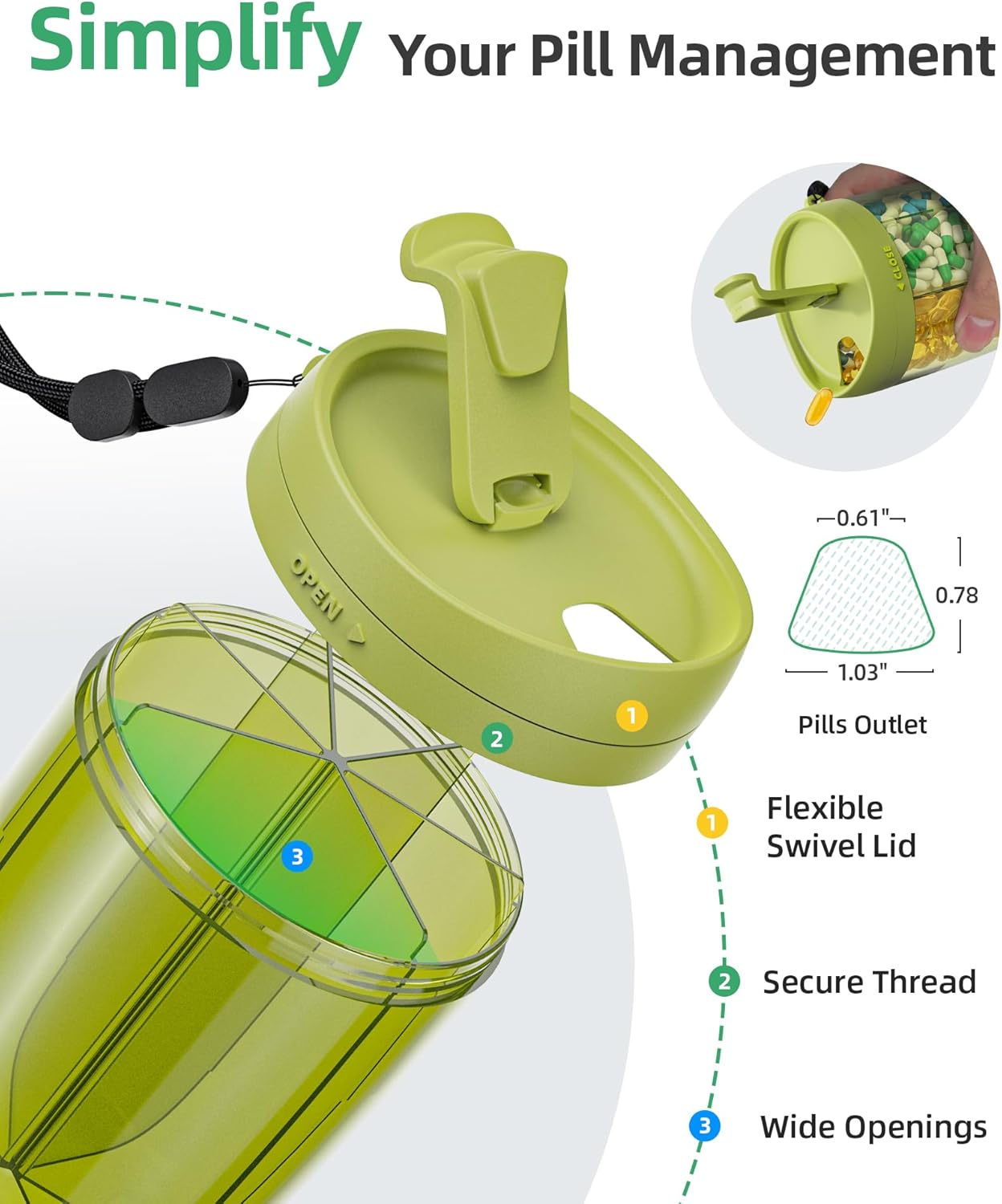 PULIV Large Pill Bottle Organizer, Supplement Organizer for Holding 6 Various Vitamins, Pill Box Case with Anti-Mixing & Wide Opening Design, Easy to Retrieve Meds and 20 Pcs Stick-on Labels, Green