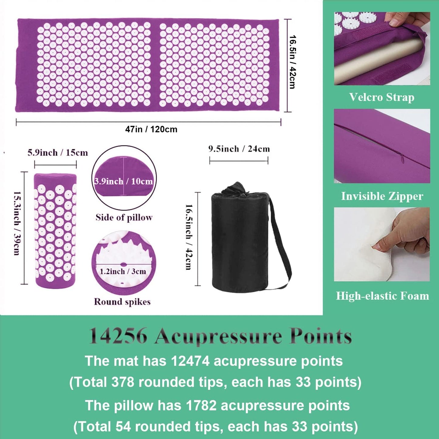 XiaoMaGe Acupressure Mat and Pillow Set with Bag - Extra Long Acupuncture Mat for Neck & Back Pain Relief- Naturally Relaxation Gift for Women - Stress Relief Massage Mat (Purple)