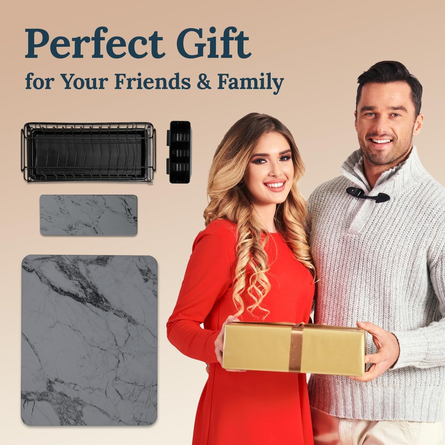 AquaTerra Diatomaceous Earth Drying Mat with Matching Sponge Caddy & Dish Rack | 3-Piece Set (Dark Gray Marble, Large) | Heat-Resistant & Multi-Purpose for Drying and Kitchen Organization