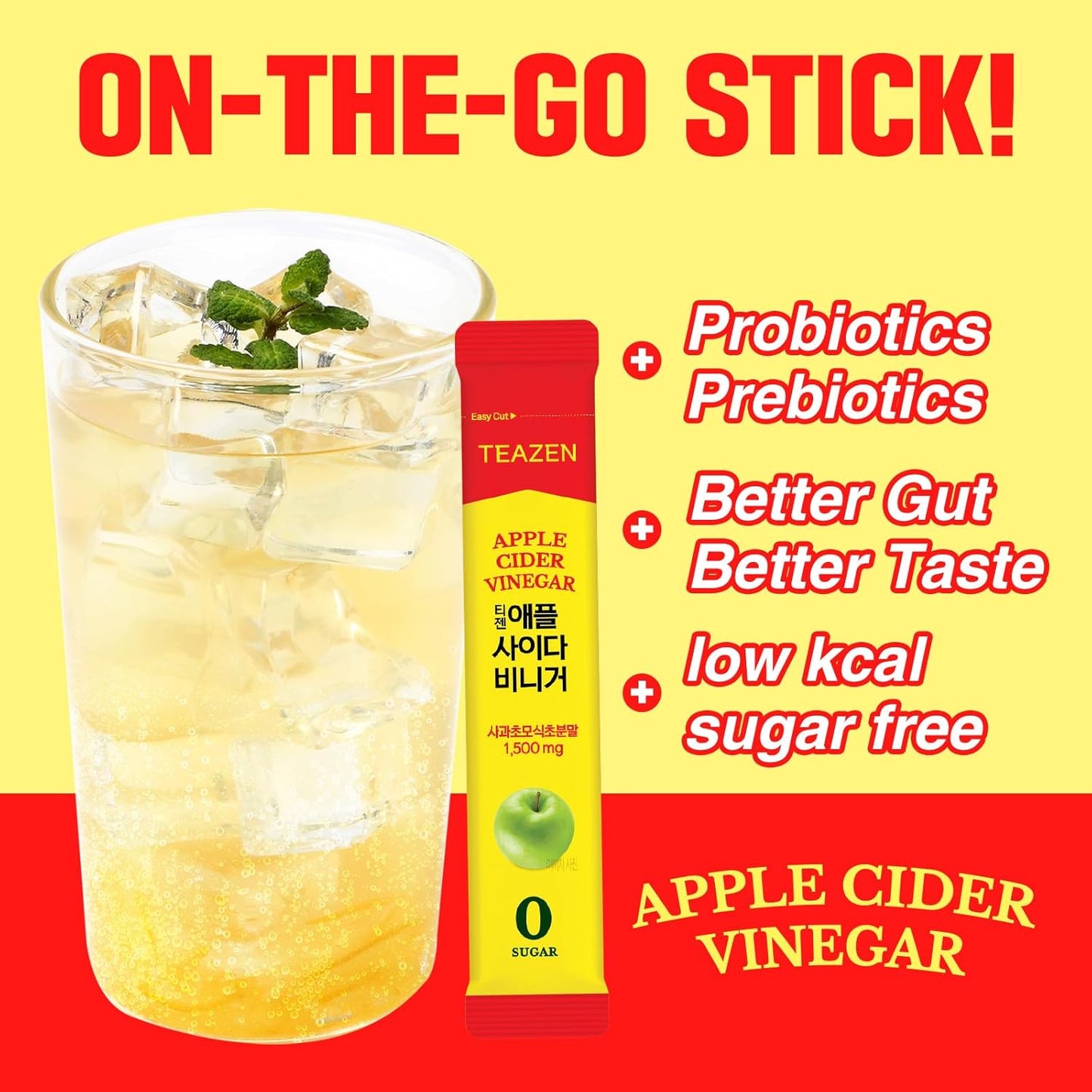 TEAZEN Apple Cider Vinegar Drink Powder Stick – On-the-Go Wellness with 1500mg ACV, Sugar-Free, Postbiotics, 10 Sticks | Supports Digestion & Metabolism