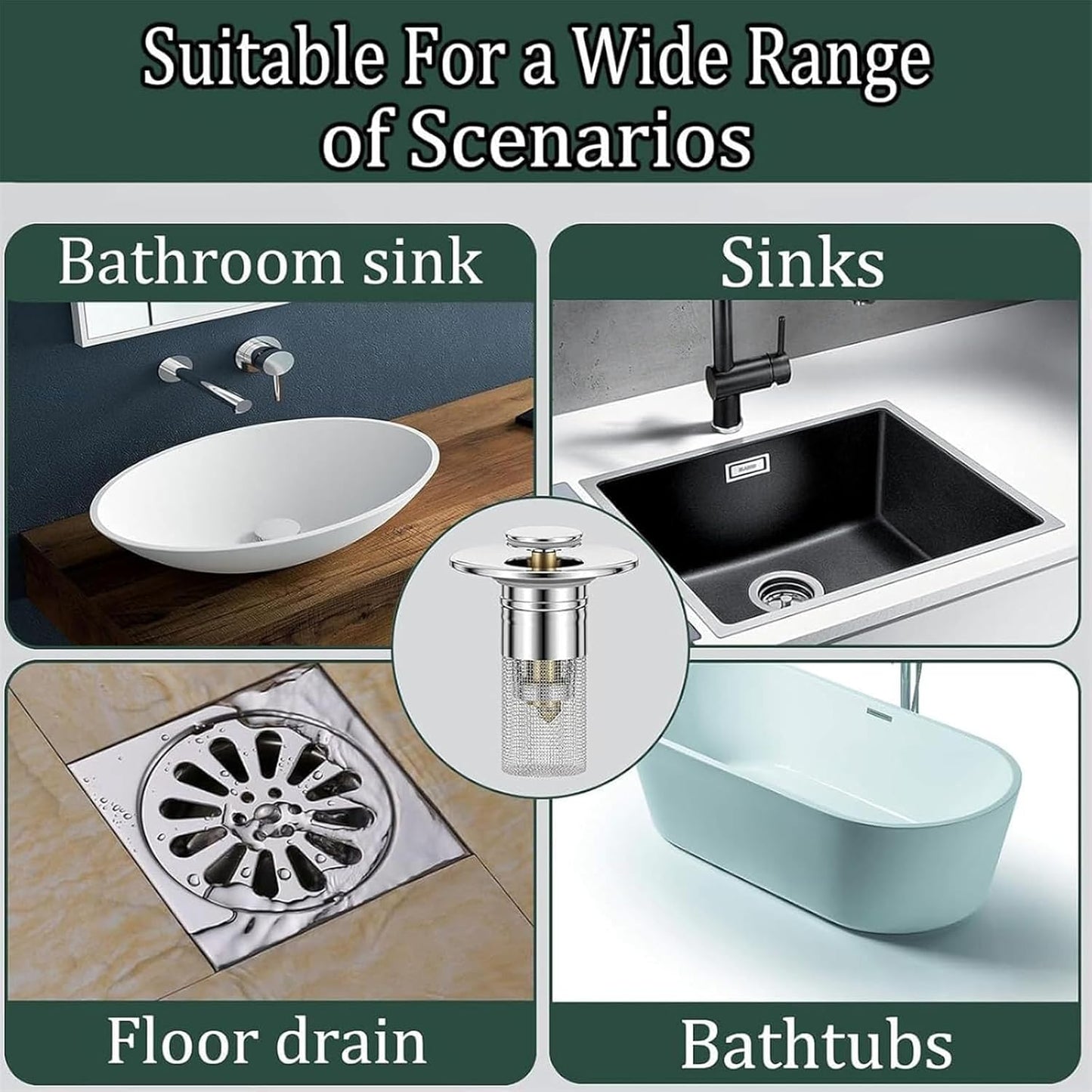 Conceptan Drain Stopper, Bathroom Sink Stopper Hair Catcher, Sink Plug Hair Trap, Bathtub Drain Stopper, Universal Pop up Stainless Steel Floor Drains Filter, Fits Bathroom, Laundry Sink Drains (4pcs)