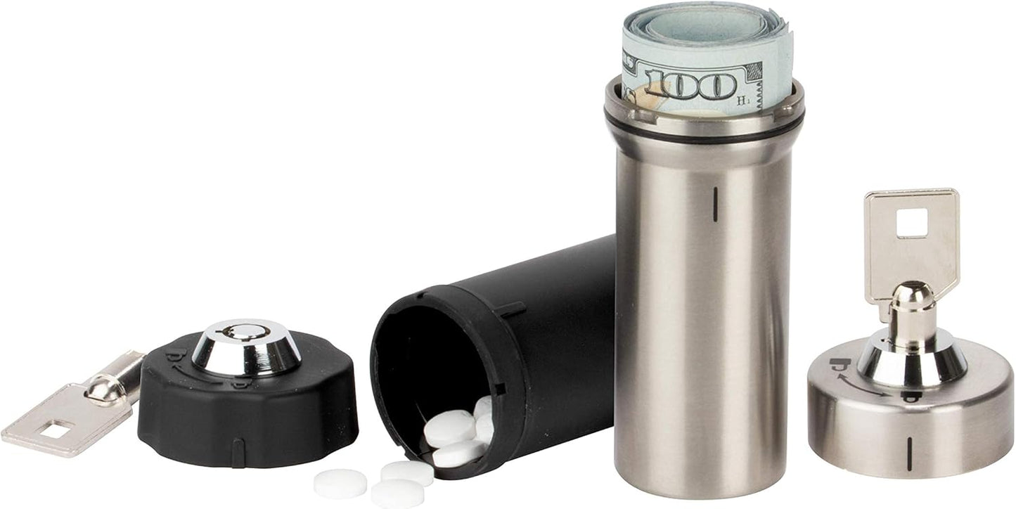 Ezy Dose Pill Box and Medicine, Vitamin Container, Safe for Money & Travel Items, Stainless Steel, 2 Keys with Lock