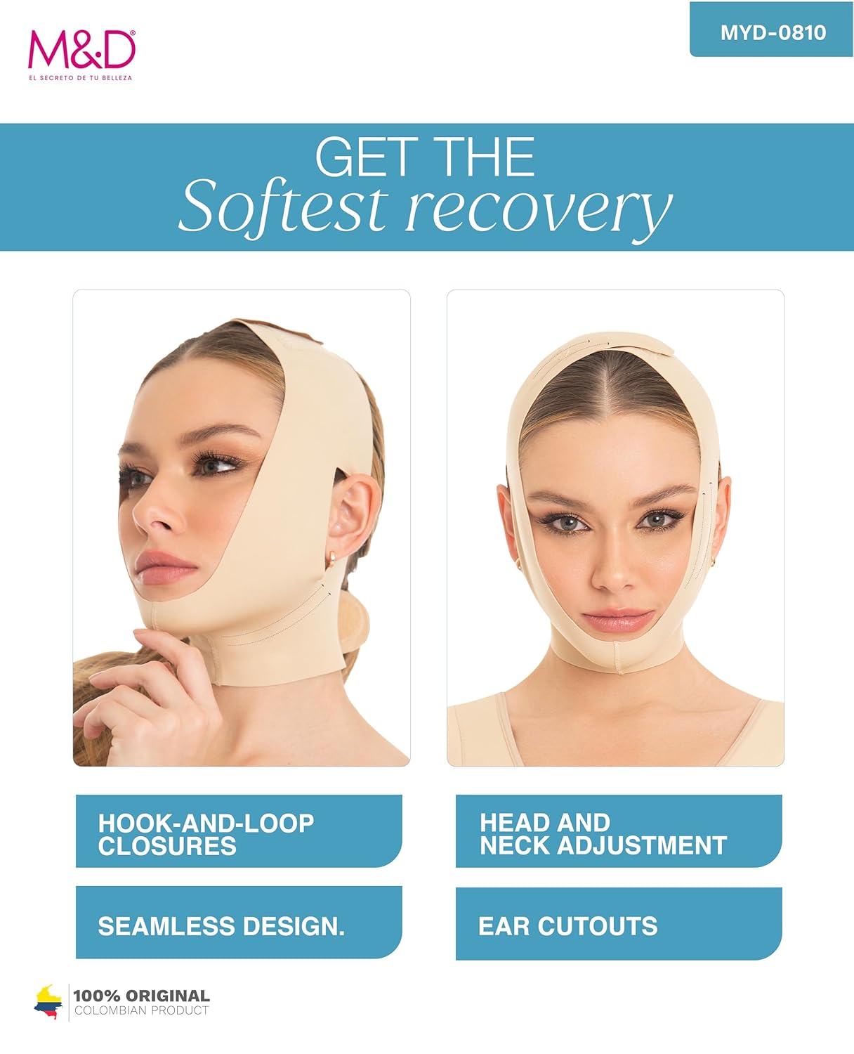 M&D Face Slimming Chin Strap Lipo Compression Garment Mentonera Postquirúrgica Facial Beige XL