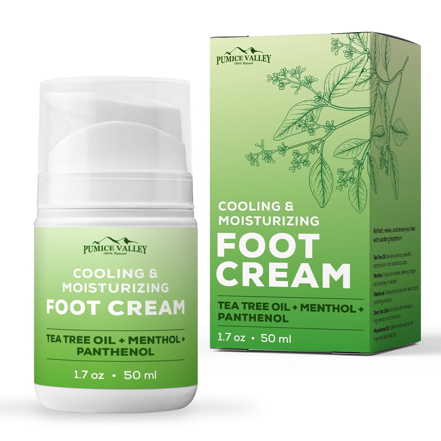 Pumice Valley Foot Cream for Dry Cracked Feet and Heels - Natural Moisturizer, Corn, Calluses Treatment - Skin, Body Lotion, Panthenol, Tea Tree Oil, Menthol 1.7 Oz