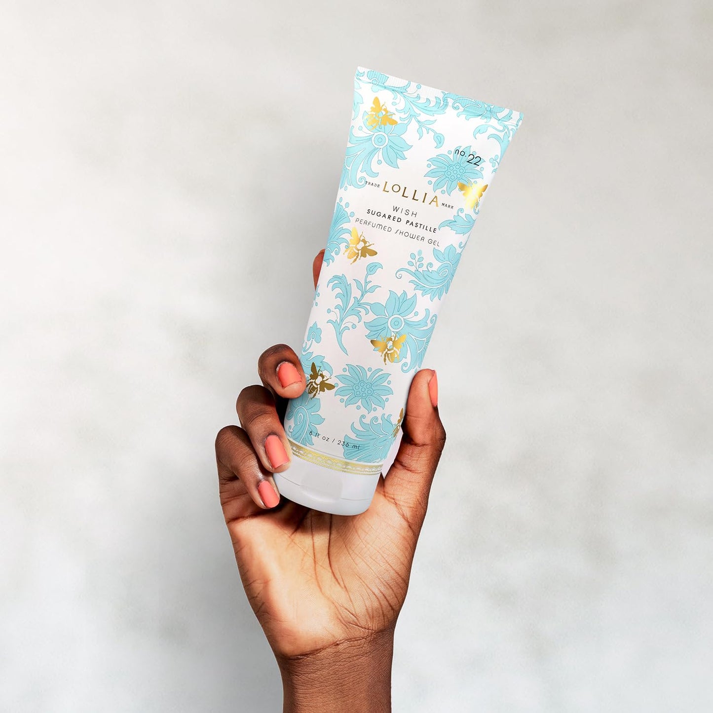 LOLLIA Wish Shower Gel, 8 fl oz, Vanilla Bean, Rice Flower, Jasmine Leaves, & Sugar Cane, Luxury Shea Moisture Hydrating Women's Body Wash, Delicate & Relaxing Scented Bath Soap for Self Care